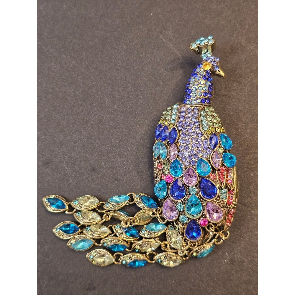 LARGE Tassel Peacock Brooch Women Multi Color Rhinestone Tassel Dangle - Picture 2 of 8